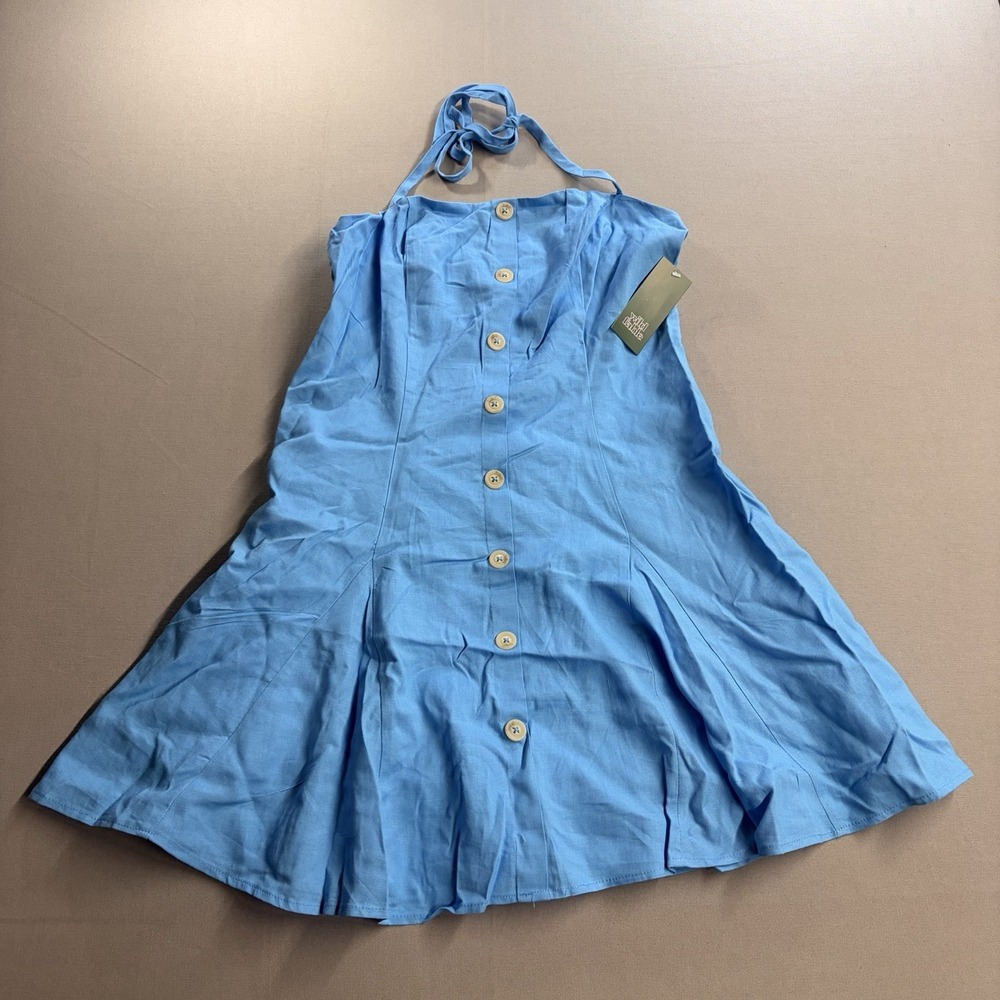 Wild Fable Blue Halter Mini Dress Womens M Button Front Linen Blend NWT
